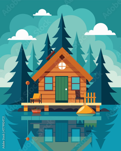 A remote work haven awaits in this cozy fishing cabin featuring all the necessary amenities for a peaceful work environment amidst the tranquil scenery.. Vector illustration
