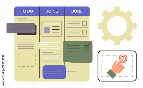 Task management board with to-do, doing, done columns, sticky notes, checklist, hand icon pressing, and gear. Ideal for productivity, workflow organization planning teamwork agile projects
