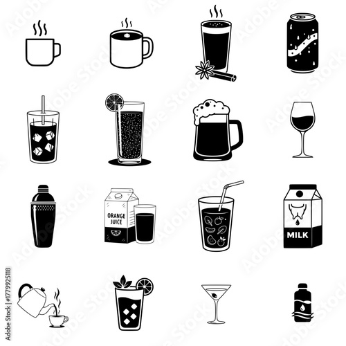 Beverages and Drinks Icon Set: Hot Coffee, Cold Juice, Milk, Beer, Cocktails, Soda Can, and Tea Vector Collection