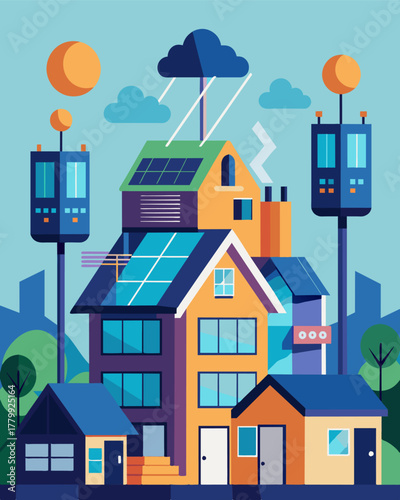 A hightech apartment complex with each unit equipped with a smart home system that tracks and optimizes energy usage all powered by a large solar panel system on the roof.. Vector illustration
