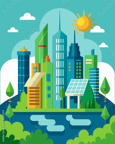 A bustling city center its skyscrapers sporting green walls equipped with solar panels making a bold statement about the citys commitment to renewable energy.. Vector illustration
