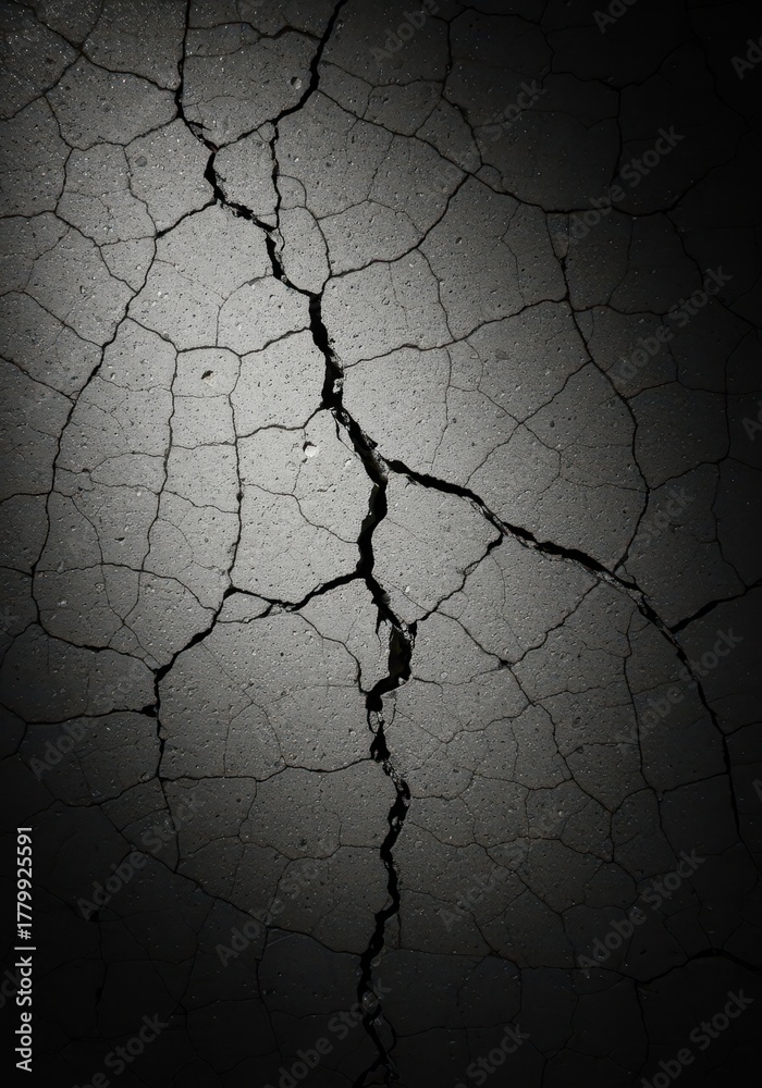 Obraz premium A severe pattern of deep fissures and fractures visible on a rough gray concrete surface, dramatically highlighted by a contrasting shadow ,surface, abstract, hard light