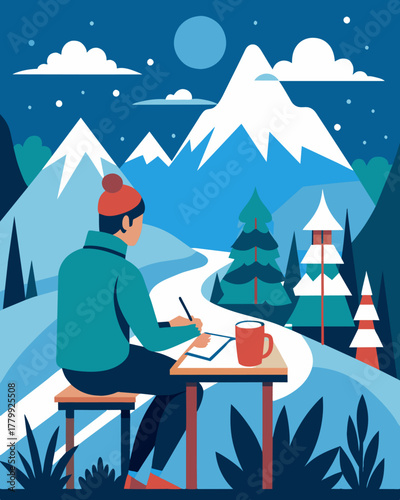 A graphic designer sketching out designs on a snowy patio inspired by the picturesque view of evergreens and whitecapped peaks.. Vector illustration