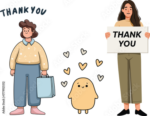 A big thank you message with smiling characters showing gratitude and love
