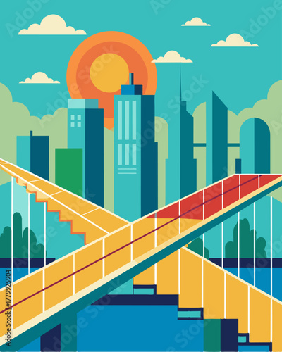 A doubledecked bridge crossing over a bustling city boasting solar panels lining its entire length.. Vector illustration