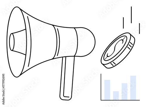 Megaphone projecting a coin toward a bar graph, signifying marketing strategies, financial success, and promotion. Ideal for advertising, finance, communication, growth, sales branding simple flat