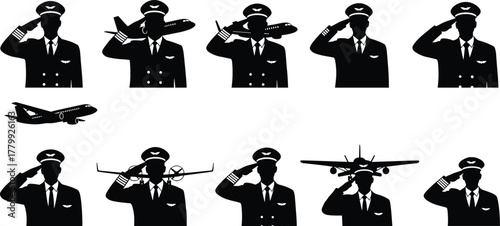 Pilot silhouette saluting, airplane head fusion, aviation concept art, jet and propeller aircraft, military and commercial planes, black vector illustration