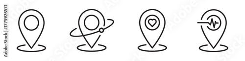 Location pin icon variations with orbit, heart, and pulse elements. Modern vector map marker set for GPS navigation, healthcare, or connection concept design