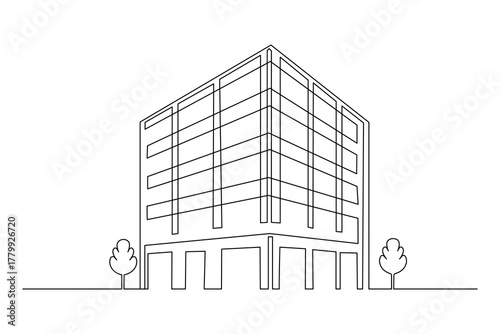 Continuous one line art of a business tower on white background
