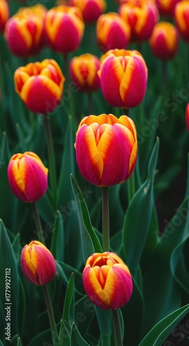 Vibrant colorful tulips blooming in a sunny spring setting, showcasing the beauty of fresh seasonal growth and natural splendor ,romance ,outdoor ,flora