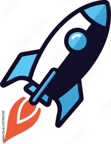 Vibrant cartoon rocket icon taking off with fiery exhaust, symbolizing rapid progress, innovative startup success, business acceleration, and the exciting journey towards new horizons