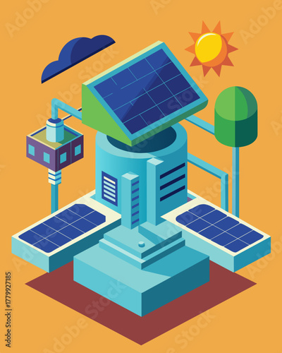 A futuristic cooling solution that combines solar panels with advanced technology to create a selfsufficient and energyefficient system.. Vector illustration