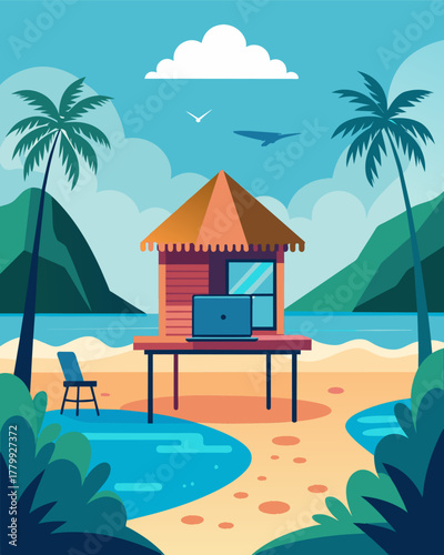 A private lagoon exclusively accessible from the beachfront hut providing a secluded and distractionfree remote work environment.. Vector illustration