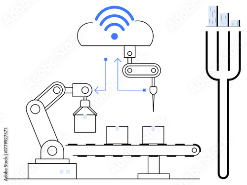 Robotic arms on conveyor belt integrating with cloud network for automation processes. Ideal for AI, IoT, smart factory, robotics, innovation, industry 4.0 digital transformation. Simple flat
