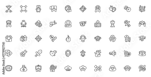 Online Game icon set. Vector gaming collection. Incldes symbols for tournament streaming, medal, ranking trophy, esports, strategy console and more.