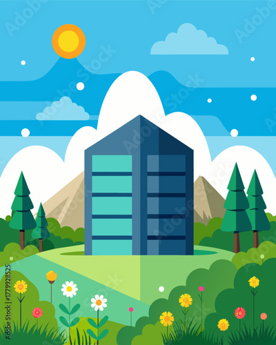 A data center built in the middle of a sunny meadow surrounded by trees and flowers incorporating elements of nature into its ecofriendly design.. Vector illustration