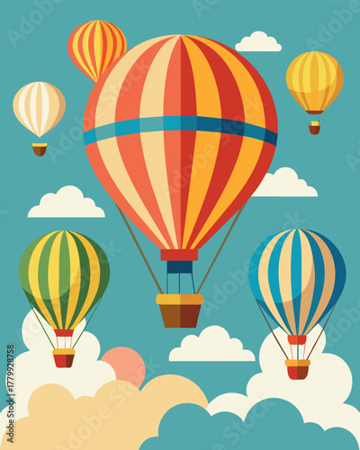 A fleet of colorful hot air balloons floated gracefully through the sky fueled by the power of the sun.. Vector illustration