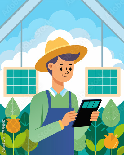 A farmer checking the solarpowered monitors that control the greenhouse temperature and humidity for optimal crop growth.. Vector illustration
