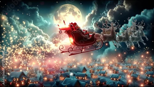 Santa Claus with his sleigh and reindeer flies over the village