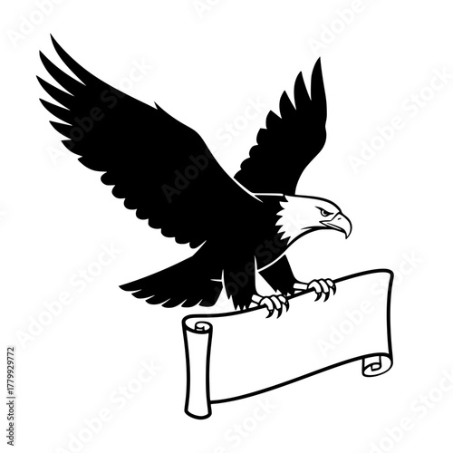 An majestic soaring eagle clutching a scroll. A powerful symbol of freedom and authority. The image is rendered with bold black and white lines. vector illustration