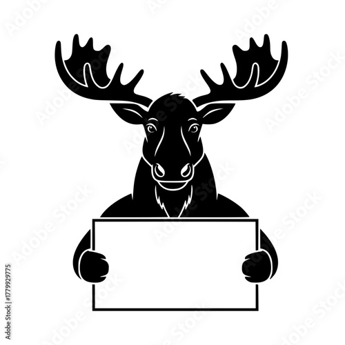A majestic moose stands proudly, its impressive antlers and holding a blank sign ready for a message. a symbol of strength and wild. vector illustration