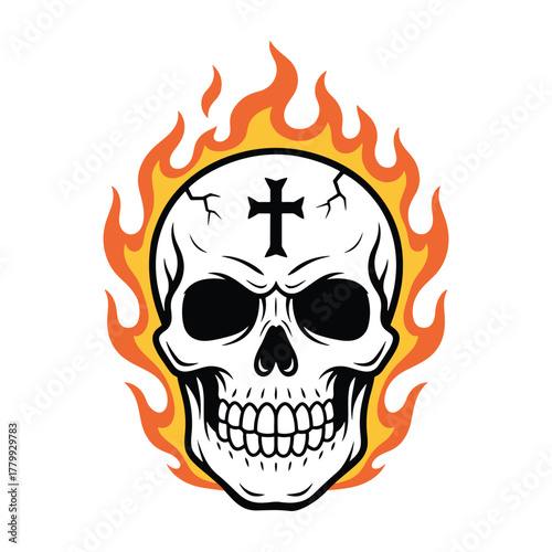 A fierce and demonic skull with a cross on its forehead, engulfed in powerful orange flames vector illustration.