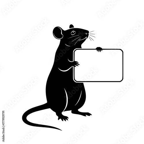 A striking silhouette of a rat holds a blank sign, against the minimalist background. Embodying an intriguing symbol with this enigmatic creature. vector illustration