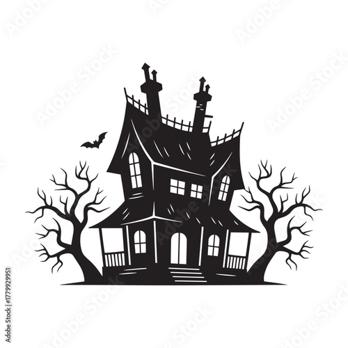 A spooky haunted house silhouette with creepy trees and a bat, a classic horror movie mansion vector illustration.
