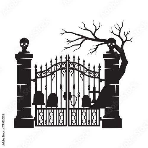 A creepy cemetery gate silhouette with skulls and tombstones, an "Enter If You Dare" warning vector illustration.