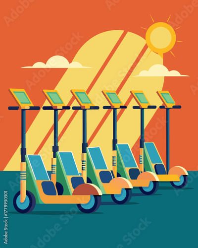 A fleet of sleek ecofriendly electric scooters lined up neatly under the sunlight at a rental station powered entirely by the suns energy.. Vector illustration