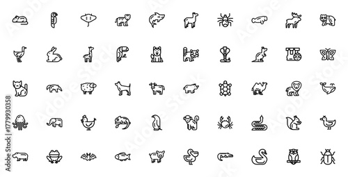 Animals icon set. Vector illustration of animal collction. Includes mouse, tigr, panda, giraffe, lion, eephant, monkey, snake, owland more wildlife symbols.