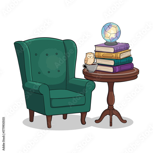 A cozy reading nook with a comfy armchair, a stack of books, a globe, and a warm beverage vector illustration.
