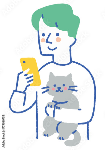 Man holding a cat while looking at his smartphone_color
