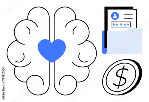 Brain with heart, medical records in a folder, and dollar coin emphasize mental health, personal finance, and healthcare. Ideal for psychology, support, wellness, finances insurance healthcare