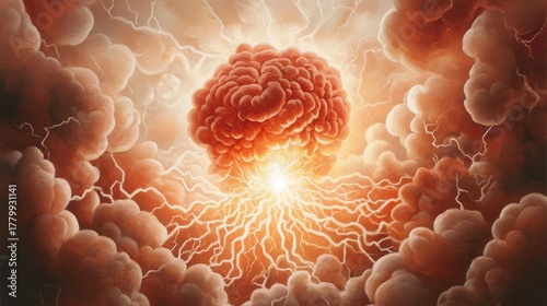 Dramatic Orange Lightning Explosion with Intense Energy Radiating in Cloudscape and Glowing Light