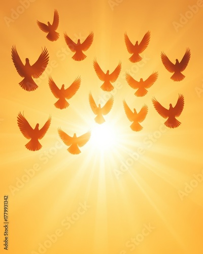 Flock of Doves Flying Into Golden Sunlight Rays Against Orange Sky Symbolizing Peace Harmony and Freedom At Sunset