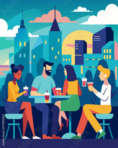 A group of freelancers gather in a trendy rooftop bar using the stunning views and cityscape as inspiration for their latest creative projects.. Vector illustration