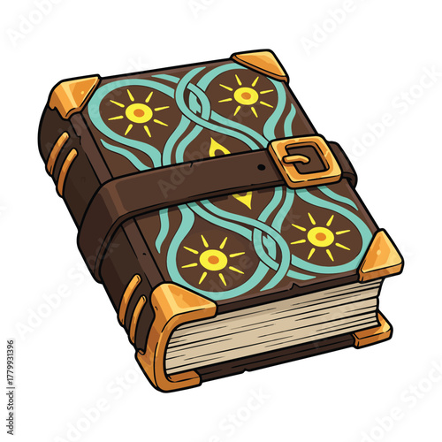 An ancient and mystical spell book with a leather cover, ornate gold corners, and a clasp vector illustration.