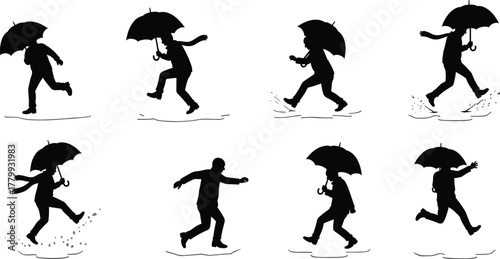 Silhouette of person with umbrella, walking, running, splashing in rain, puddles, wet weather, motion sequence, black figure, expressive pose