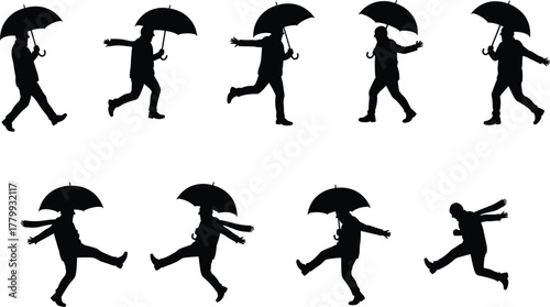 Silhouette of person dancing with umbrella, walking, running, leaping, joyful motion, black figure, storyboard style, expressive poses, animation concept