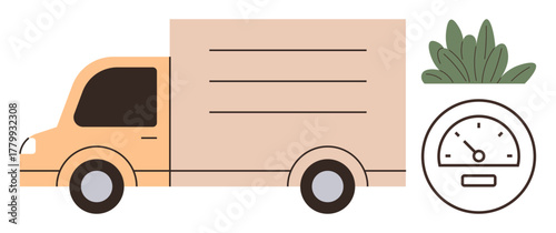 Yellow delivery truck beside a speedometer and bush, symbolizing transportation, speed, logistics, environment, sustainability, efficiency, and modern delivery trends. Ideal for simple flat metaphor