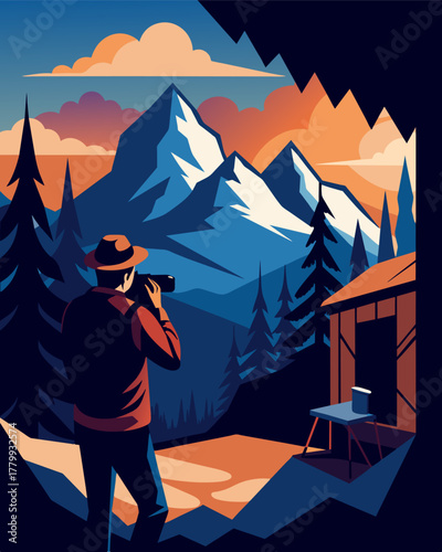 A photographer finds inspiration in the rugged beauty of the mountain lodge capturing the changing light and shadows throughout the day.. Vector illustration