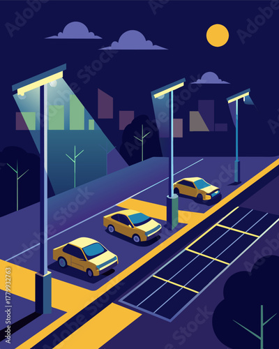 A dimlylit parking lot transformed by the addition of solarpowered streetlights now providing a bright and safe environment for visitors.. Vector illustration