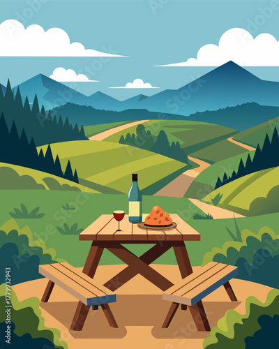 A rustic picnic table serves as the nomads temporary workspace providing a scenic view of the vineyard and the distant rolling hills beyond.. Vector illustration