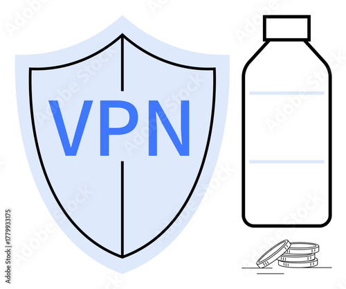 Shield labeled VPN alongside a medicine bottle and coins on a flat layout. Ideal for cybersecurity, digital privacy, healthcare costs, online security, financial health, insurance, simple flat