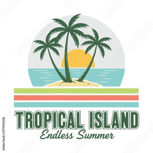 Wallpaper Mural A serene tropical island with palm trees and the sun is depicted in a retro design for an endless summer vector illustration. Torontodigital.ca