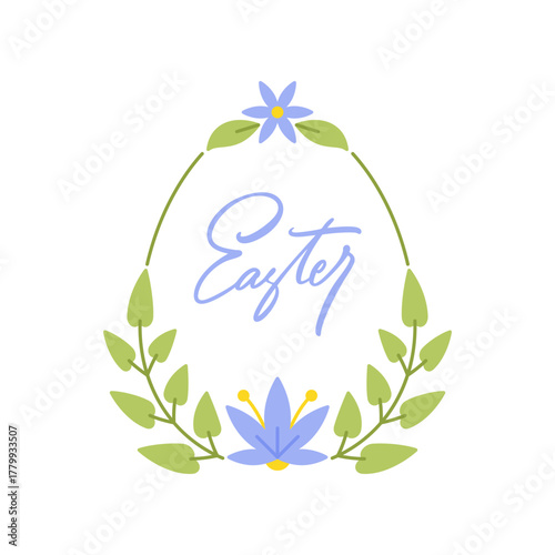Easter lettering in decorative egg shape floral frame. Lilac petals embraces calligraphy. Sprigs border summer blooms. Handwritten inscription amber cores weaves wilderness themes blends gentle hues