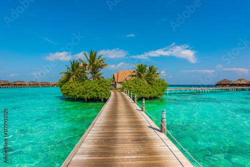 Fototapeta Naklejka Na Ścianę i Meble -  Wooden deck goes to bungalows. Tropical island beach landscape exotic shore coast. Tranquil closeup calm sea water waves. Summer vacation, holiday amazing nature. Relax paradise, Maldives.