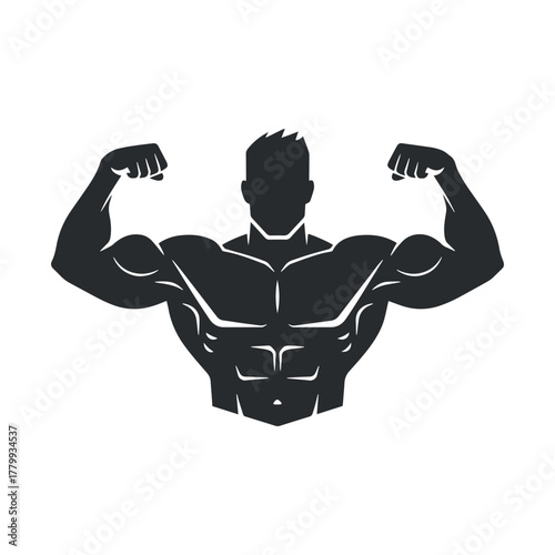Silhouette of a muscular bodybuilder flexing biceps, showcasing strength, fitness, and physique vector illustration
