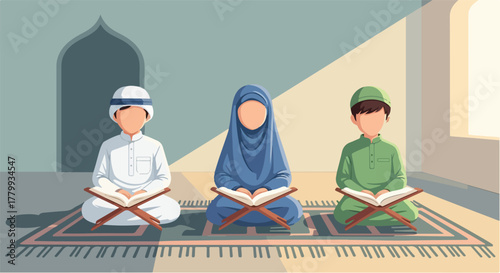 Three Muslim children, two boys and one girl, sitting on a prayer mat and reading the Quran from rehal stands in a mosque.